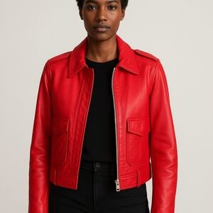EACH OTHER Paris Red Leather Biker Jacket Full-Zip Pockets Women's 36 US 4 Small